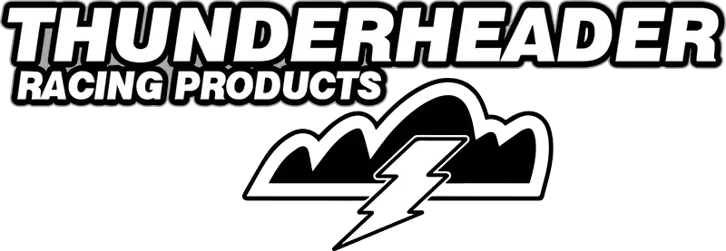 A black and white logo for ’THUNDERHEADER RACING PRODUCTS’ with a cloud and lightning bolt emblem.
