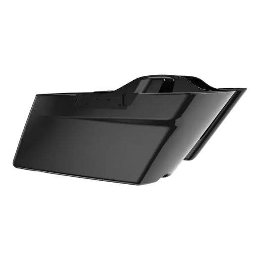 Glossy black motorcycle saddlebag.
