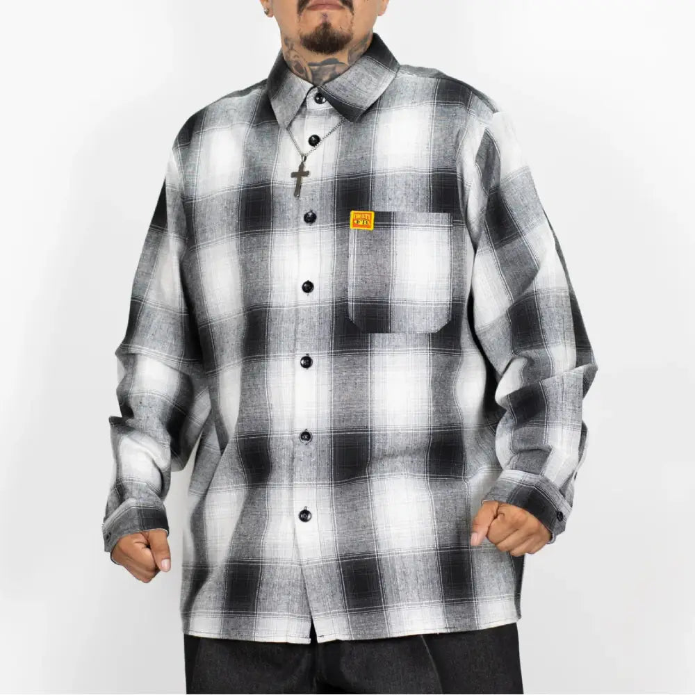 FB County Men’s Long Sleeves Checker Shirt - Small / White-Black - Clothing