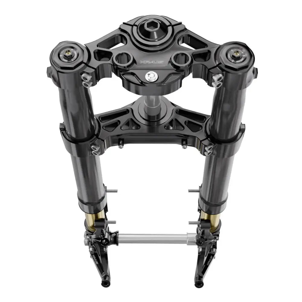 Black motorcycle front suspension assembly.